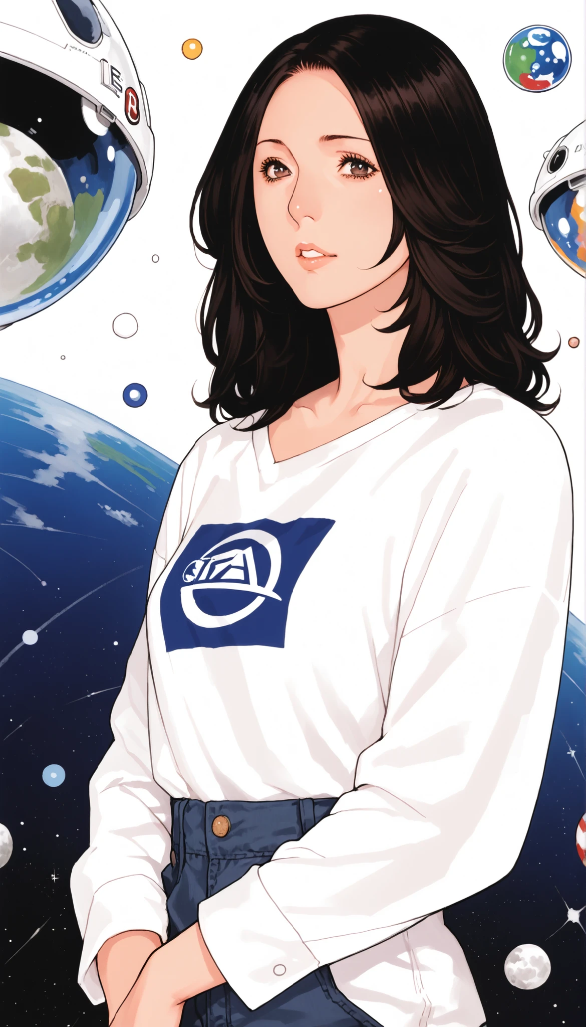 Female 1, medium long hair, black hair, chest, dark eyes, simple background/ no background , vertical drawing style , lots of white space, Illustrations, 黒いドレスHigh Quality, 最High Quality , High Detail , High Quality, HD model, very well detailed,