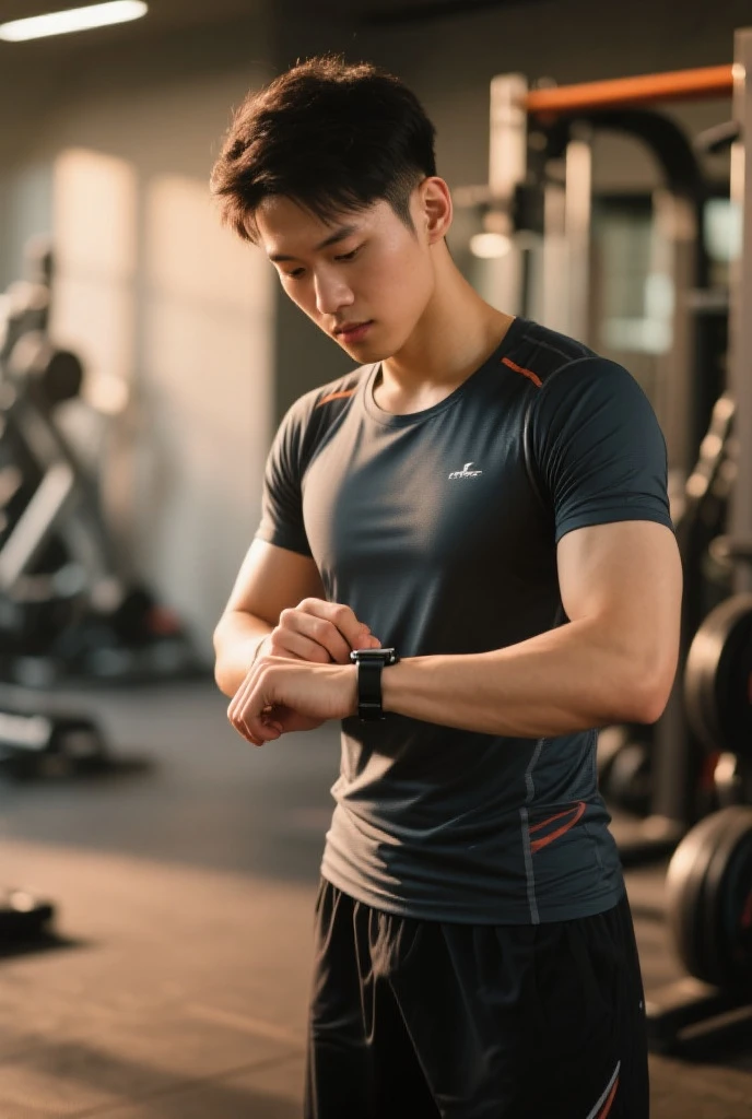 Korean man, Inspiration from Peng Yuyan, 30 years old, 236 years old, Cute Korean Face, 35 yo, 33 year old Korean muscular man,Gym in the background, black t-shirt