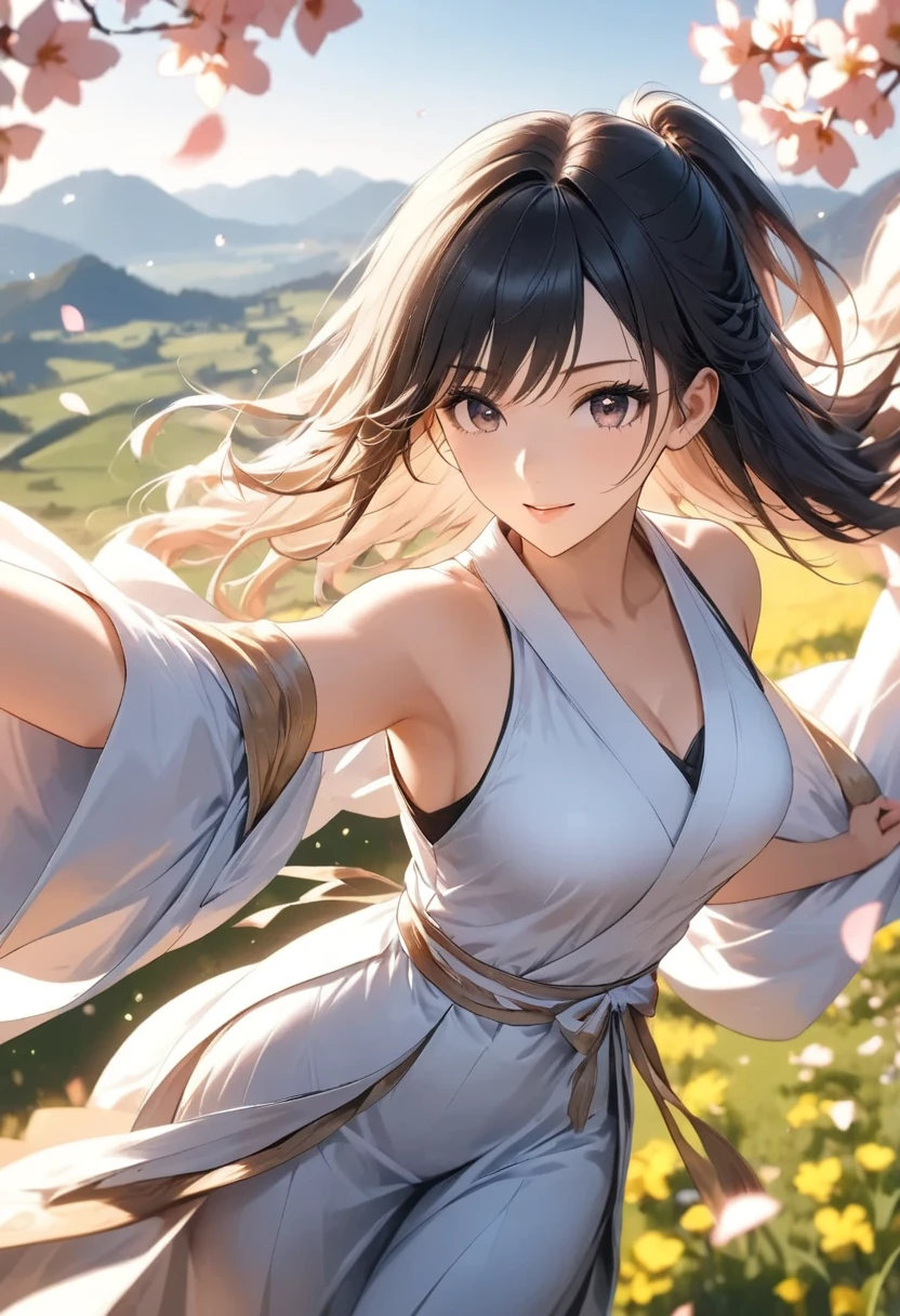 Show me an image that portrays courage and self-awareness, even in the face of impossible dreams. Let it be a masterpiece with the best quality and ultra-detailed, featuring a single individual in a dynamic pose wearing white wuxia clothes with a neck ribbon, and her beautiful face with blue eyes standing out. The scene should be set at twilight with too many drops of water and beautiful clouds in the background, giving a watercolor-like feel. Make it a wide shot, and let the floating effect give it a mesmerizing appeal that matches the depth of her character.