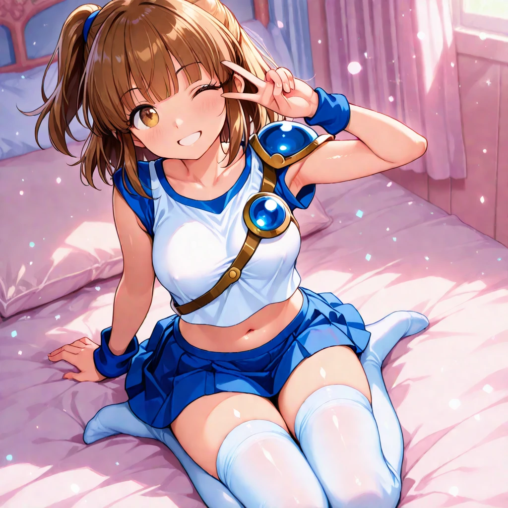 arlenadja, 1girl, solo, skirt, brown hair, blue skirt, brown eyes, boots, short hair, half updo, blue footwear, knee boots, armor,(upper body:1.3),open mouth, embarrassed ,blush,(spread legs:1.3),(legs up),white panty,(cameltoe:1.3),