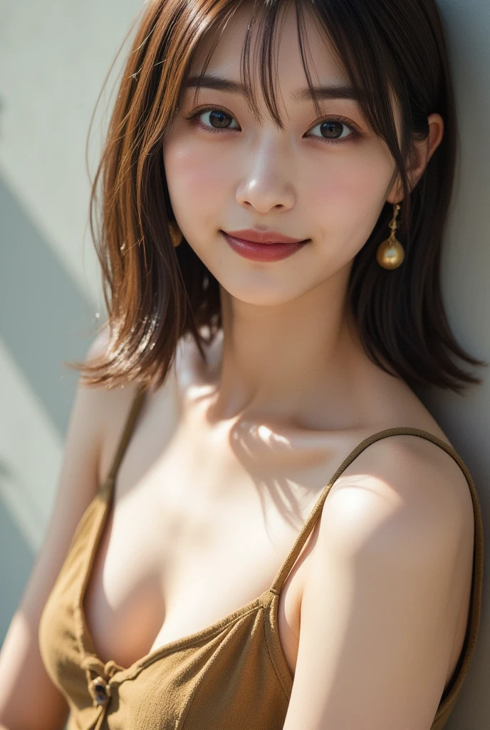 Smile、natta、Raw photography、(((Portrait of extreme beauty)))、((glistning skin))、1人、21 year old beautiful girl in Prague、bright expression、((brown haired))、(Show cleavage)、(Cotton Camisole)、((Big red eyes that shine like jewels))、Glossy glossy skin、Silky ponytail hair、eye liner、Beautiful bangs、Hair between the eyes、((masterpiece、top-quality、ultra-detailliert、Film Light、intricate-detail、hight resolution、ighly detailed))、细致背景、8KUHD、Digital SLR、Soft light、hightquality、Film grain、FujifilmXT3 、Shallow depth of field、natural soft light、Kamimei、Lush bust、Photograph the whole body