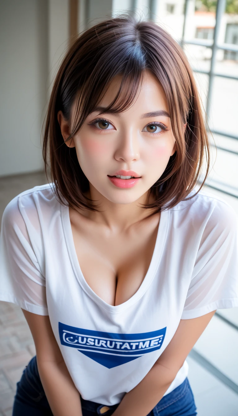 (masterpiece:1.3), (16k, photorealistic, RAW photo, best quality: 1.4),absurdres, attractive, ultra high resolution, ultra realistic, highly detailed, golden ratio, ultra detailed, super fucking beautiful detailed face, natural makeup, detailed cloth texture, detailed hair texture, beautiful detailed fullbody, Perfect female body, accurate, Anatomically correct, Highly detailed face and skin texture, (beautiful hands), (realistic skin), (beautiful pale skin:1.1), (well-aligned teeth:1.1), (beautiful large breasts, cleavage, upper breasts:1.3), (Perfect dynamic composition, looking at viewer), (Random and sexy poses:1.3), 
BREAK, 
realistic eyes, beautiful detailed eyes, symmetric eyes, Light Brown eyes, Double eyelids, Thin eyebrows, (Glossy lips:1.4), ((A face with waiting for a kiss:1.2)), (blush:1.1), (A sparkling small hair accessory:1.1), (beautiful smile:1.1), (sweat skin,blush:1.2), 
BREAK, 
((short hair, bob, Dark blonde hair, bangs:1.2)), (Fitness Gym, sportswear:1.3)