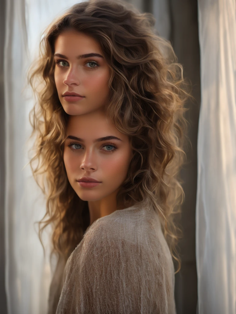 Very attractive and sexy blonde woman with curly hair and blue eyes.