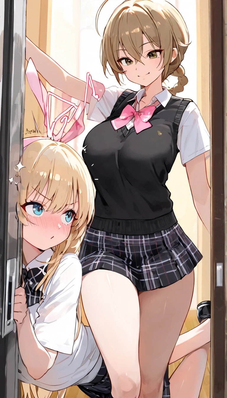 highest quality,masterpiece,8k,1girl, blush, sweat, mini skirt, lift skirt, upskirt, stripe panties, hair ribbon, twin tails, pleated skirt, thigh highs sox, loafers, camel toe, 