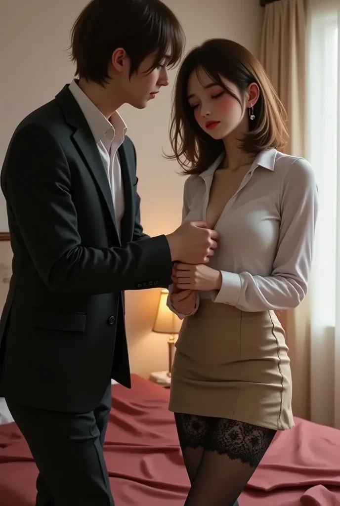 Detailed , open shirt show, luxury office manager,Sex between a 55-year-old virgin man and a beautiful very slut girl,Fairytale Girl、whole body、good style、、、、formal jacket、、long black hair,((Realistic lighting, Best quality, 8K, Masterpiece: 1.3)), Clear focus: 1.2, 1very seize a manslut girl, Perfect body beauty: 1.4, Slim abs: 1.1, ((dark brown hair,bust 86, waist 53,hip 88: 1.3)(super slender body),(she is very slender body)(all nude)(beautiful fair skin) (She is a soapland regent top ranker)(all nude: 1.4),(Sex that blames a man)the woman drives him to climax.rub your chest, man releases sperm into woman's vagina,sexy shot looking at camera、Realistic chest with high proportions、Realistic medium breasts、thin abs、highly detailed skin,She rides on top of the guy and grinds her hips hard,Like feeling ecstasy,She got naked ((While licking a man's ear)),(1 male、1 female,having how in pussy sex)),upright straddling,supright straddling),how ,woman on top,bed, garter belt,, Shangri-La Hotel, Double bed, crawl on all fours, whole body,she, inserted it into my wet pussy.A man was forced to how inside a girl's She exposed h, in Creampie cowgirl positionobra maestra, alto detalle, an aviation flight attendant, tiene el rostro de AMBER HEARD, (uhd, fondo de pantalla 8k, high resolution), cinematic lighting, physically based rendering, premiado, piel extremadamente detallada, cara extra detallada, Ojos de alto detalle, cuerpo completo con las piernas cruzadas, She wears a light blue dress uniform with a gray belt and a blue scarf., atras de ella esta un avion Embraer 190, Carl Zeiss 85 mm F/1.4,A woman stands on top of a man, holds the man's genitals in her vagina with her left hand, inserts them into her vagina, and has sex in cowgirl position.