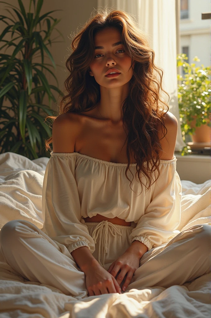 (photorealism:1.2), beautiful woman, sitting on bed, wearing loose off-shoulder top, pajama pants, long curly hair, indoors, soft lighting, plants in background, window with sunlight, cozy room, relaxed pose, realistic, intricate details, warm colors, by Greg Rutkowski, by Alphonse Mucha
