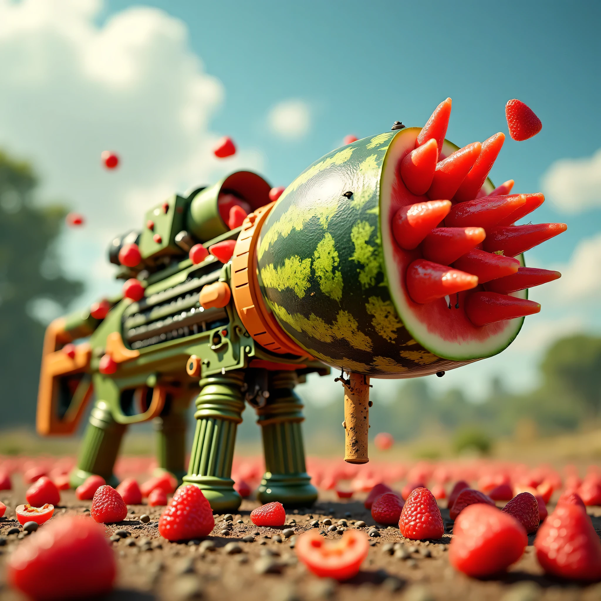A masterpiece depiction of a high-quality fruit weapon, featuring a watermelon seed machine gun with watermelons loaded into the magazine. The scene showcases a unique blend of creativity where the whimsical meets the deadly, offering a surreal and visually striking concept. A masterpiece depicting the ultimate in quality - a scene where a watermelon seed machine gun, loaded with watermelon rounds, is ready to unleash its fruity firepower. A masterpiece depicting the highest quality, a scene where fruits transform into weapons of whimsical creativity. Specifically, a watermelon seed machine gun, with watermelons being loaded into the magazine slot with precision and playfulness.