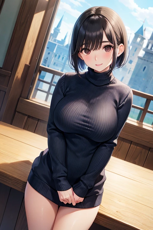 masterpiece:1.2, 1women, solo, (38yers old), (best quality), (real picture, intricate details, depth of field), highly-detailed, attractive waist, high resolution, (illustration:0.8), perfect lighting, extremely detailed CG, big breasts, (large breasts:1.5), tall lady, susprised posture, tight pants, (thick_thighs:1.5), huge ass, (gray sweater:1.5), cleavage, (hair over one shoulder), smile, (short hair:1.5), (Short black hair:1.5), (mature female:1.5) (mature face), cleavage, cleavage cutout, closed eyes, leaning_forward, looking at viewer, park background, (closed eyes:1.5), (leaning forward:1.5), ponytail over sholder