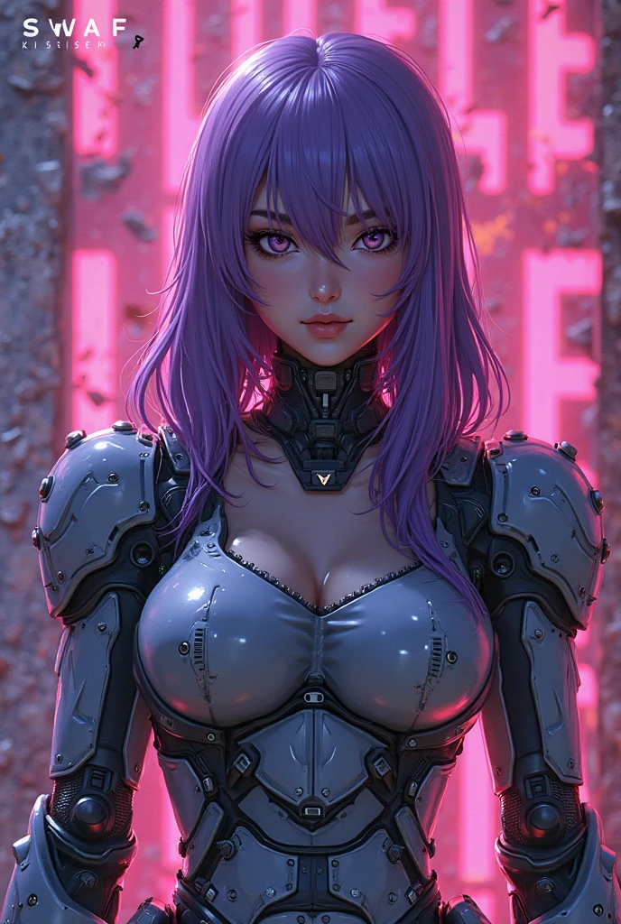 A beautiful girl with purple hair, straight hair length to her shoulders, wearing a combat uniform with shoulder pads in a biker jacket style, standing in a post-apocalyptic ruined city background, saluting fallen comrades, (best quality,4k,8k,highres,masterpiece:1.2),ultra-detailed,(realistic,photorealistic,photo-realistic:1.37),1girl,extremely detailed beautiful face,beautiful detailed eyes,beautiful detailed lips,longeyelashes,military uniform,shoulder pads,post-apocalyptic,cityscape,ruins,salute,somber,dramatic lighting,muted colors,cinematic