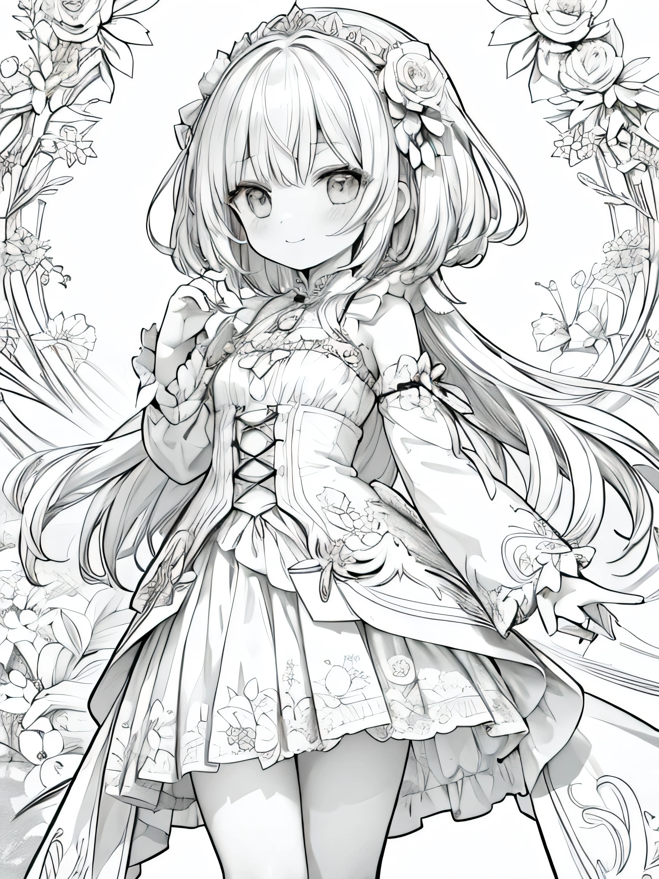 Create a coloring page with a white Hintergrund and detailed floral designs. The outlines should be thick and easy to color.,line art background, Hintergrund, monochrome, Linie Kunst, ((Skizze)),highest quality,Meisterwerk,monochrome,lineart,Einzelfarbe,Create a detailed coloring page,girl、big eyes、Patchwork-Stil、 ruffles、Band、lovely、comfortable clothing、Stiefel,Perlen、hanging、Armband、Laute、fLaute、Magic tools、Humor、 happy、Freude、freigeistig、gesellig,smile