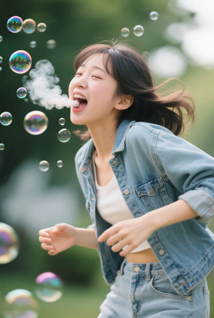 raw photo , 8K, ultra detailed, 1girl, floral camisole, (laugh, point at viewer:1.3) ,(bubble:1.8), (sunlight:1.8)