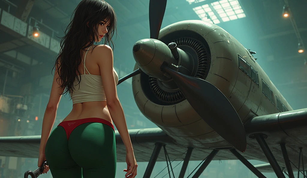 Creates an anime-style naked woman fixing a plane