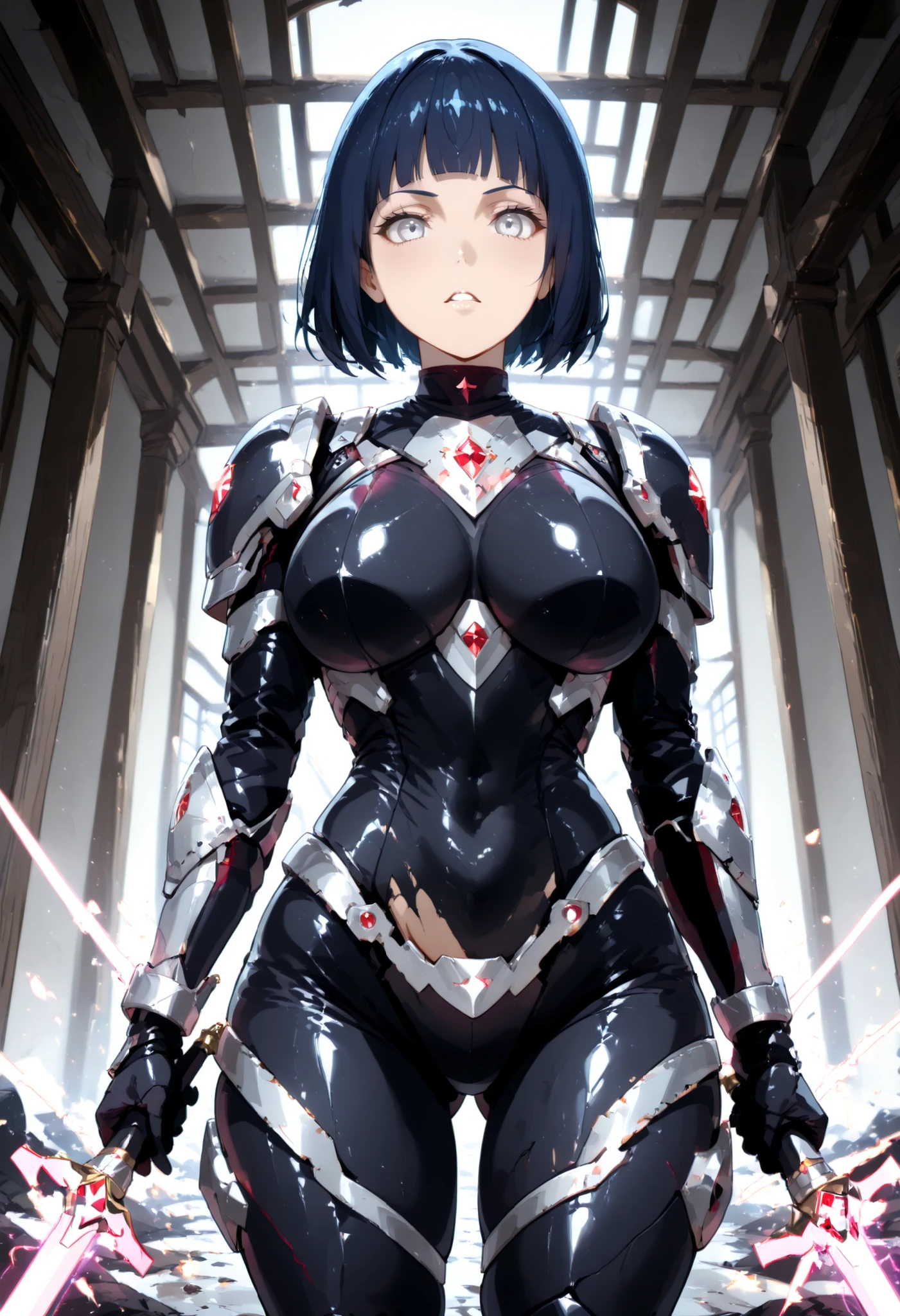 score_9,score_8_up,score_7_up,solo,looking at viewer, Hyūga_Hinata's/Boruto, White Eyes, short hair,bangs,shirt,Dark Blue hair,(Old West), a Cyber Templar in black (the secret underground bar,What are the stories of debauchery and extravagance Passionate lustfull, Wearing Cyber Templar Metal Mechanical Suit, Cyber Templar Organization Leader, Mechanical Body, Cyborg Body, Destroyed Body, ((Ripped Hand : 1.4)), Long Laser-Rapier Sword At her Back