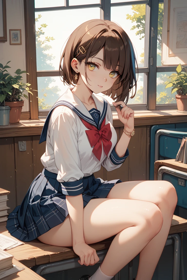masterpiece,best quality, 1girl, school uniform, sitting on chair, cross leg, class room,show feetï¼Sole of foot
