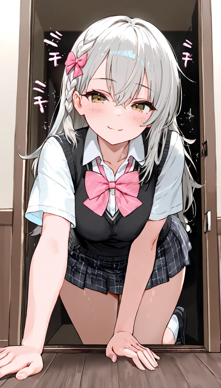 masutepiece, Best Quality,Illustration, Wallpaper, Ultra Detail, Little Face Lori、(((molesting)))、Detailed eyes, Complex hairstyle、Hanging、((fear:1.5))、(Teary-eyed:1.5)、(((Cute white underwear)))、(blazers、Kilted skirt)、ample breasts、((Morester))、((Girl being taken off her skirt by a man))
