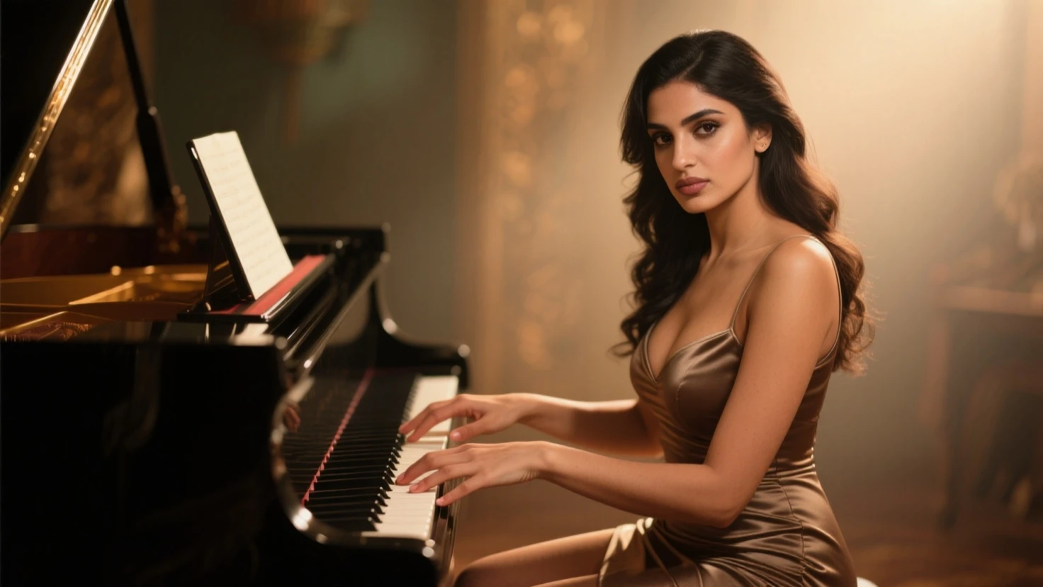 This woman's name is Ailina. Ailina is 18 years old and of Russian origin, living in America. She has wheat-colored skin, brown eyes, and wavy hair. Ailina has prominent jawlines and slightly full lips. She is laughing softly, showcasing a big gold necklace around her neck. The photo is a full-body shot in warm lighting with dramatic shadows, vibrant colors, photorealistic quality, and extremely detailed 8k resolution. Ailina is sitting at a grand piano in a professional music studio, her fingers gracefully positioned on the keys. The background features acoustic panels, a large mixing board, and soft ambient lighting, creating a warm and inviting atmosphere.