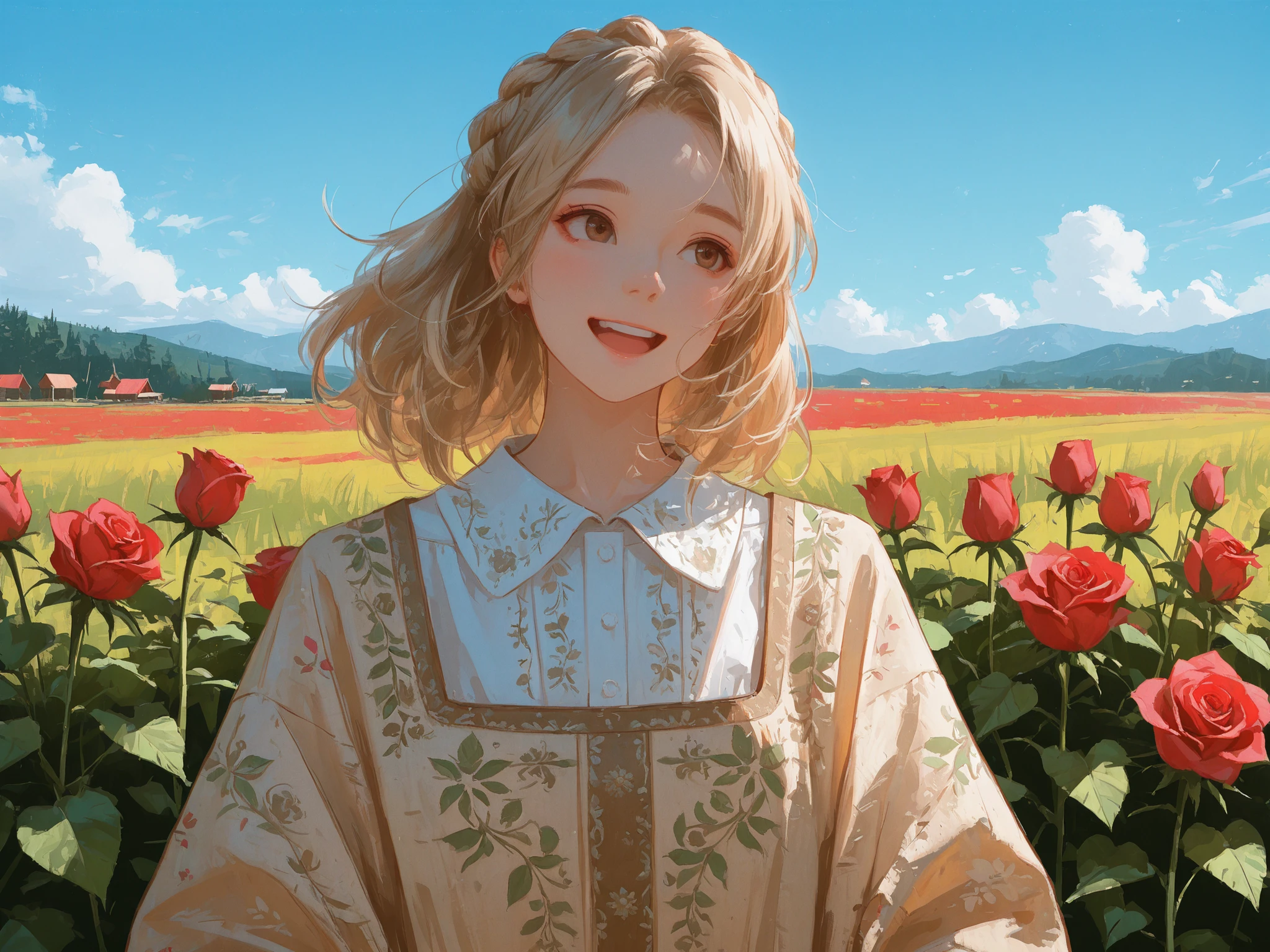 upper shot, front shot, a beautiful girl, medium blonde hair, wave hair, brown eyes, happy, Bulgarian Folk Costumes with rose pattern, Round collar shirt with embroidery, rose festival, blue sky