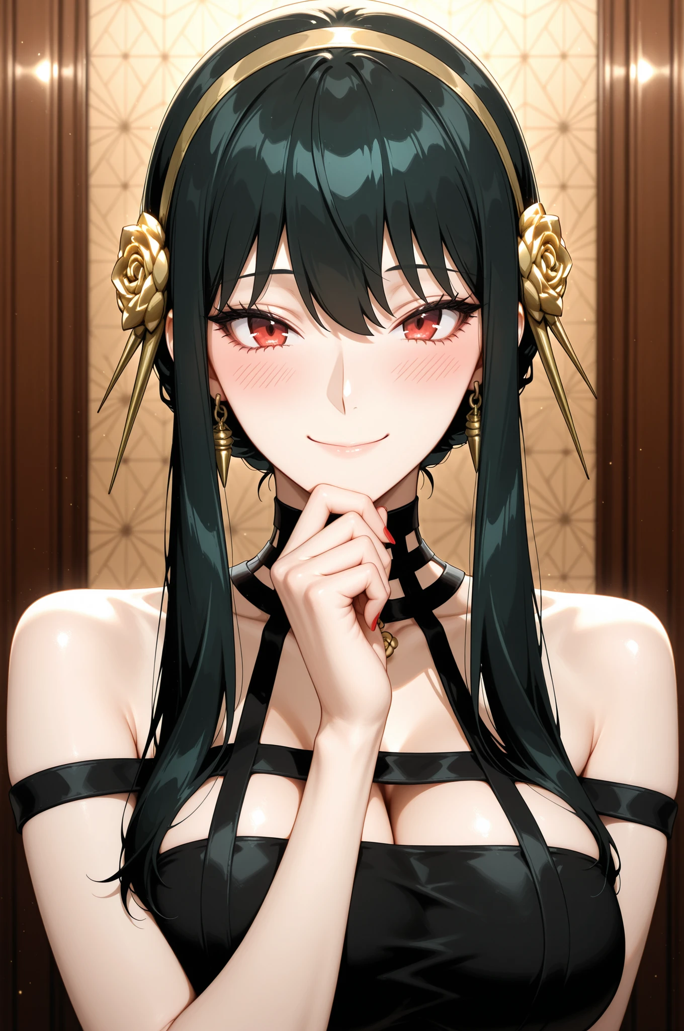 masterpiece, best quality, very aesthetic,solo, yor briar, spy x family, black hair, red eyes, blush, smile, closed mouth, black dress, upper body, hand on own chin, looking at viewer,