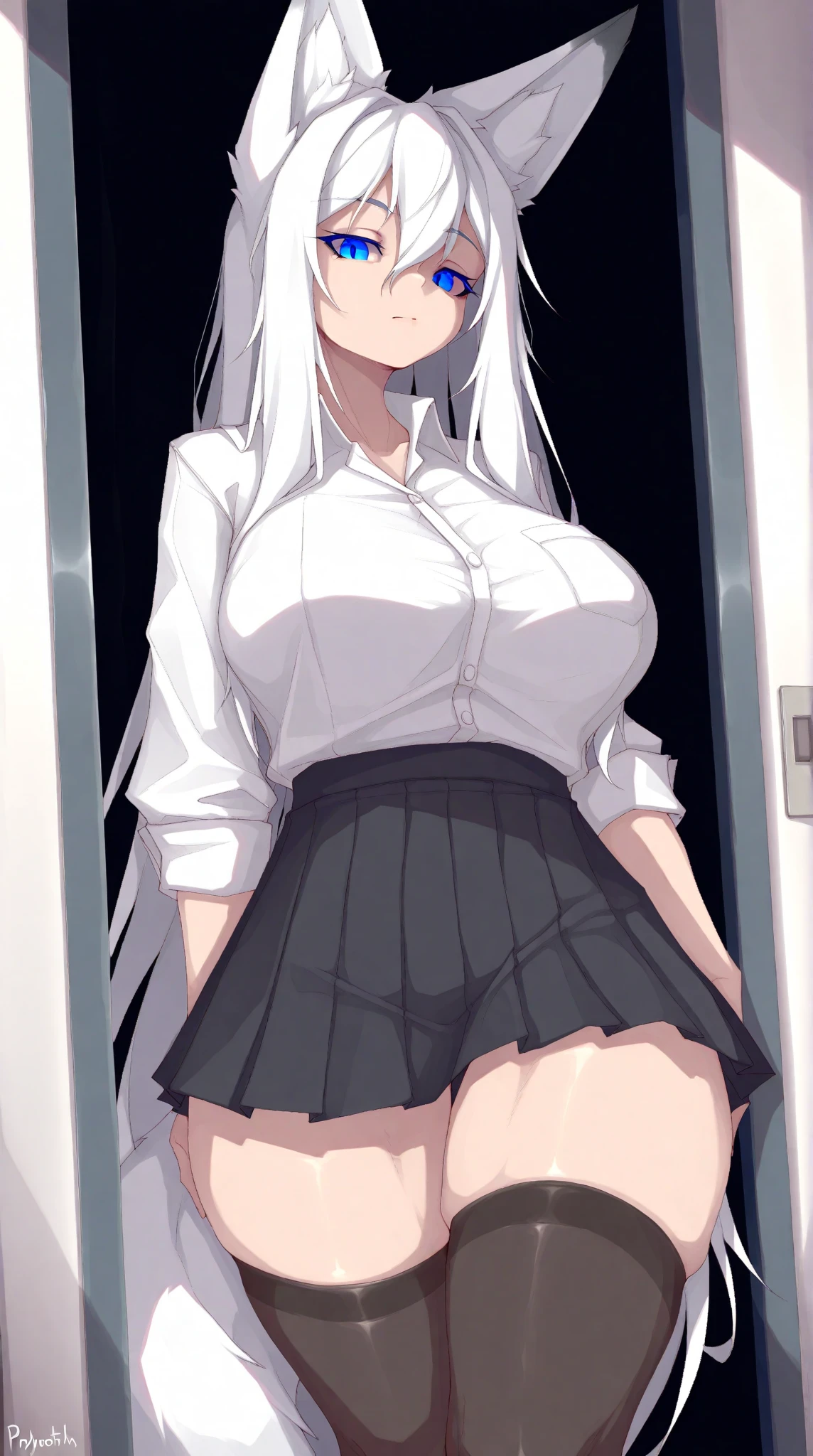 (masuter piece、hightquality)、perfect eyes、highest quality、(Full body portrait)、Symmetrical composition、Composition from the front、One lady、(Full body figure from head to toe)、(small tits)、Slim Faces、a small face、Beautiful and cute face、((white panties)、(Black tights)、(Black pantyhose)、slim and slender legs、Precise size and balance of upper and lower body、(white panties)、17age、 with mature body type、A high school girl with long、Stand on your own two feet、(School locker room)、Panchira、Composition from the front、long and straight silver hair、bangss、red blush、Embarrassed look、Wear white panties inside black pantyhose、(High heels)、Japanese high school girl、during daytime、(small tits)、((nsfw:1.2)), ((naked)), pink nipples, ((small breasts))