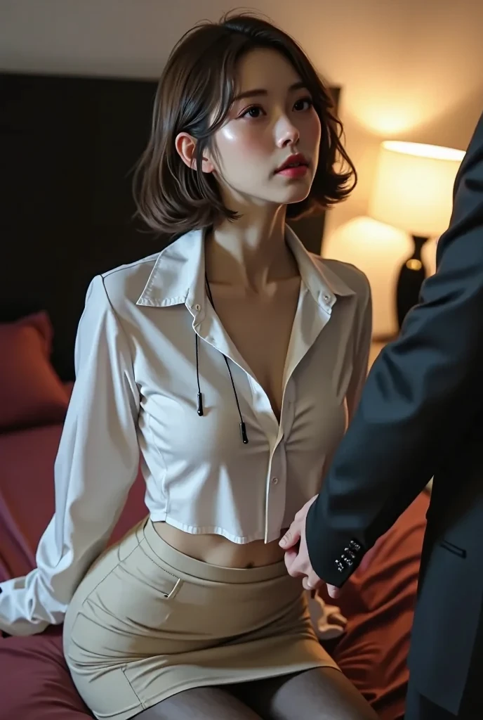 (((NFSW : 1.2))), (((pornography))), (realistic), (intricate details:1.2), (masterpiece:1.3), (top quality:1.4), (Ultra A high resolution:1.2), Ultra A high resolution, 8K resolution, very detailed expression, dark, (high quality), complete anatomy, natural anatomy, full body photo, (bedroom for prostitution:1.5) (A girl is being sexually assaulted by 2men:1.5), 21 years old, (call girl:1.5), (prostitute: 1.5), (Korean people :1.6), (beautiful : 1.4), (Shiny blonde hair tied to one side), (big earrings), heavy makeup, confused expression, choker necklace, long legs, (a girl being weared flesh colored realistic pantyhose : 1.4), (Slim and feminine dress. : 1.4), glowing skin, (A man tied up her arms behind back with a rope : 1.6), (((orgasm : 1.4))), (((moaning : 1.2))), (a number of middle aged men),(She is caught and sexually harassed by the men.. : 1.5), Forced to be sexually assaulted by two men, her body violated by them, She is grabbed by the arm by him and cannot escape, men's dicks are being inserted into her pussy and anus., a man forcley tightens her panties, spooning sex pose, A man tears off her pantyhose to explore her pussy., caught, (The men grabbed her thighs..), caress, fondle, ((Luxury Hotel : 1.5), (She had forcely sex by double penetration. : 1.4), threesom