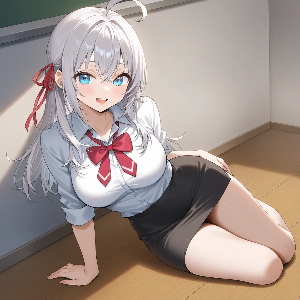 calidad superior, Obra maestra, Ultra high resolution, anime illustration of a girl with gray hair and blue eyes is in a classroom wearing a  uniform, she is sitting and stretching her bare feet while smiling in a perverted way, Primer plano de las plantas de los pies.，Exponga las plantas de sus pies, frowning，chica anime 