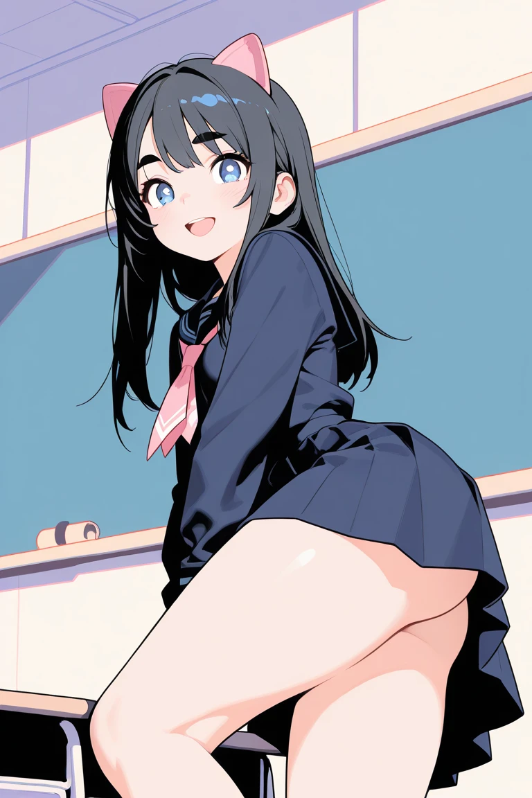 Akebi komichi,1 girl, Best quality, ultra high resolution, long hair, black hair, blue eyes, looking at the audience, small breasts, Permanently installed, leave, slim Body,  Body, , Smile, open mouth, OK, pink OK, (((bikini))), (((pink bikini))), bedroom, sheet, white sheet,, akebi komichi, (blue eyes:1.5), hair between eyes, long hair, one side up, black hair,
BREAK black footwear, black skirt, purple sailor collar, pleated skirt, sailor collar, , shoes, short sleeves, roubaigakuen high , skirt,,
BREAK looking at viewer,
BREAK indoors, classroom,
BREAK (masterpiece:1.2), best quality, high resolution, unity 8k wallpaper, (illustration:0.8), (beautiful detailed eyes:1.6), extremely detailed face, perfect lighting, extremely detailed CG, (perfect hands, perfect anatomy),(pink panties:1.5), (short, tiny, little:1.2), (spread legs, open legs, knee up:1.3), groin, perineum, leaning back, body tilt, shy, blush, embarrassed, arms behind back, cowboy shot, dutch angle,