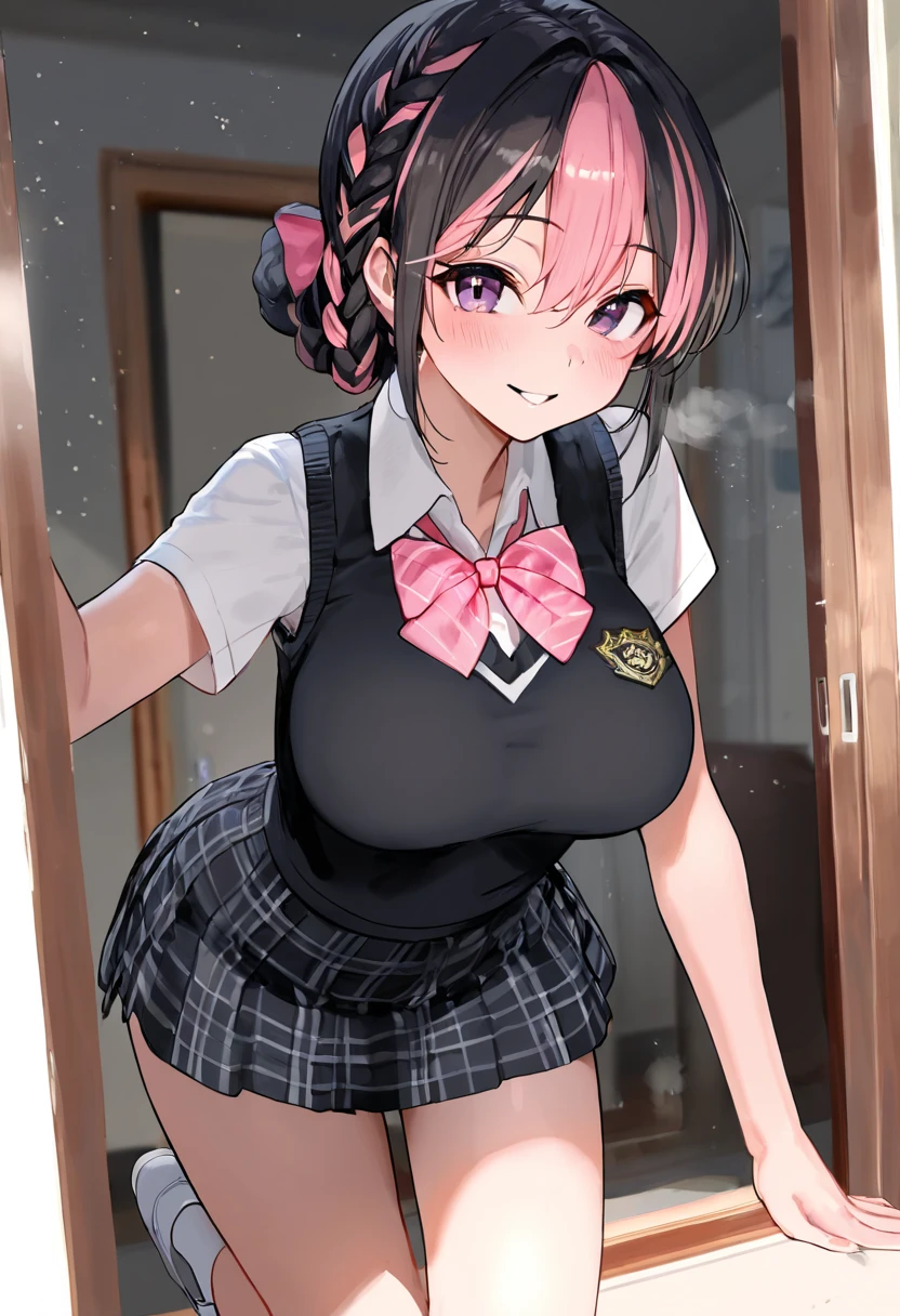 (Masterpiece, Need for Good), 1girl, NSFW, schoolgirl uniform, shyness, show-off, cleavage, panties, perspective ((sweaty blush, big breasts, biting a condom, holding a condom with, condom on the chest, condom after use))