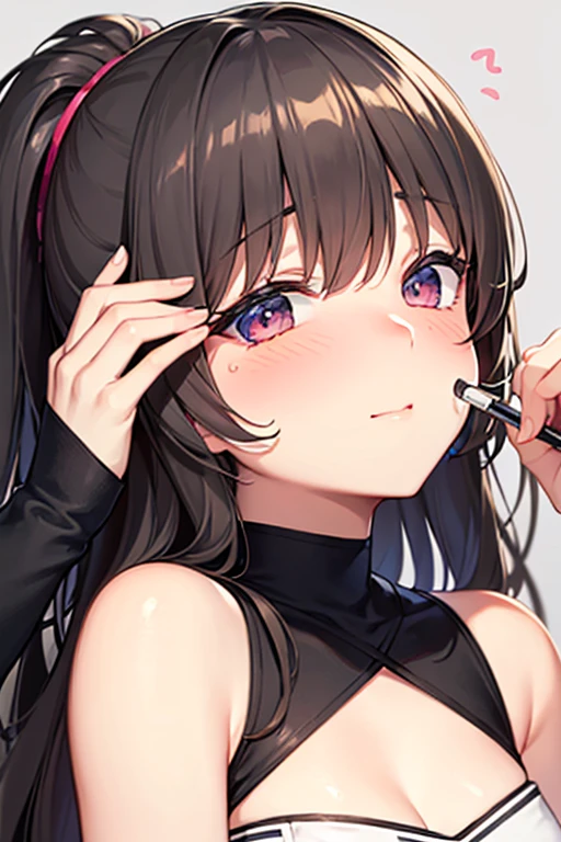 akanbe, tongue, tongue out, one eye closed, finger to eye, 1girl, medium breasts, light purple hair, heart ahoge, very long hair, brown eyes, wearing black punk style corset , sarong, incredibly absurdres, finely detailed, amazing, best quality, smooth, 4k wallapaper