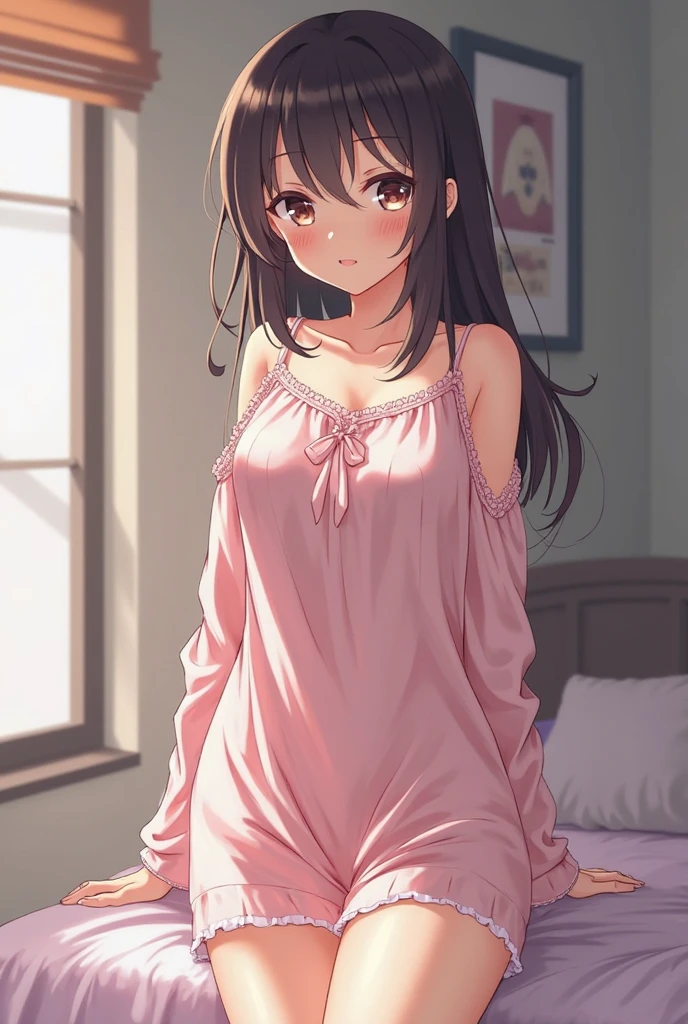 ((4K, ​master piece, Best Quality)), 1girl in, Light brown SHRT hair, Red Eyes, center parted hair, medium breasts⁩, Cute, blush, sleepover, pajamas, exposed, bedroom, night, cold