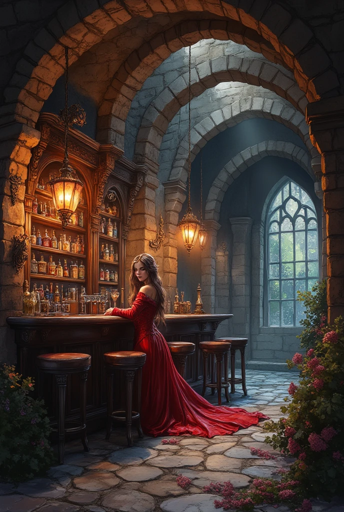 Painting of a beautiful woman in a dress holding a wine glass, Near the fireplace in a fantasy tavern, fantasy Izakaya background, In a medieval tavern at night, Medieval fantasy art, dark fantasy horror art, Horror fantasy art, Izakaya background, old - school Dark Fantasy Art, fantasy horror art, Tavern Pirates, Dark Fantasy Art, Dark Fantasy Artwork