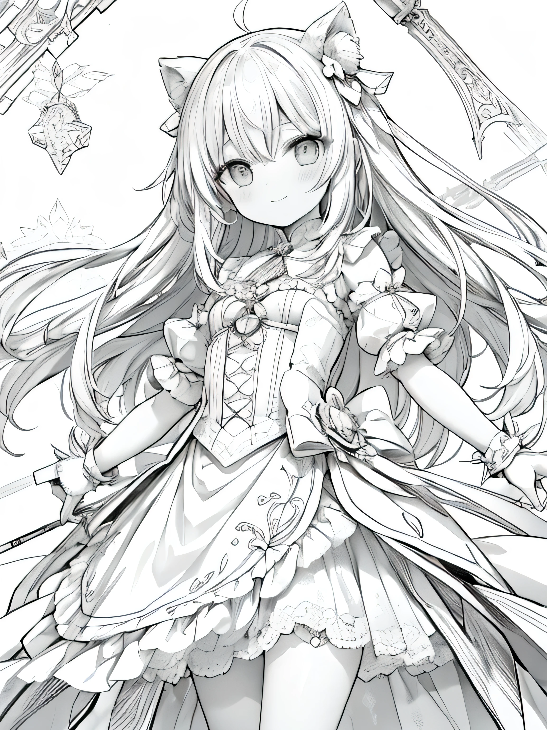 Create a coloring page with a white Hintergrund. The outlines should be thick and easy to color.,Line art background paper. monochrome, Linie Kunst, ((Skizze)),highest quality,Meisterwerk,monochrome,lineart,Create a detailed coloring page,girl、big eyes、Patchwork-Stil、 ruffles、lovely、comfortable clothing、Stiefel,Perlen、hanging、Armband、Laute、fLaute、Magic tools、Humor、 happy、Freude、freigeistig、gesellig,smile, very long hair