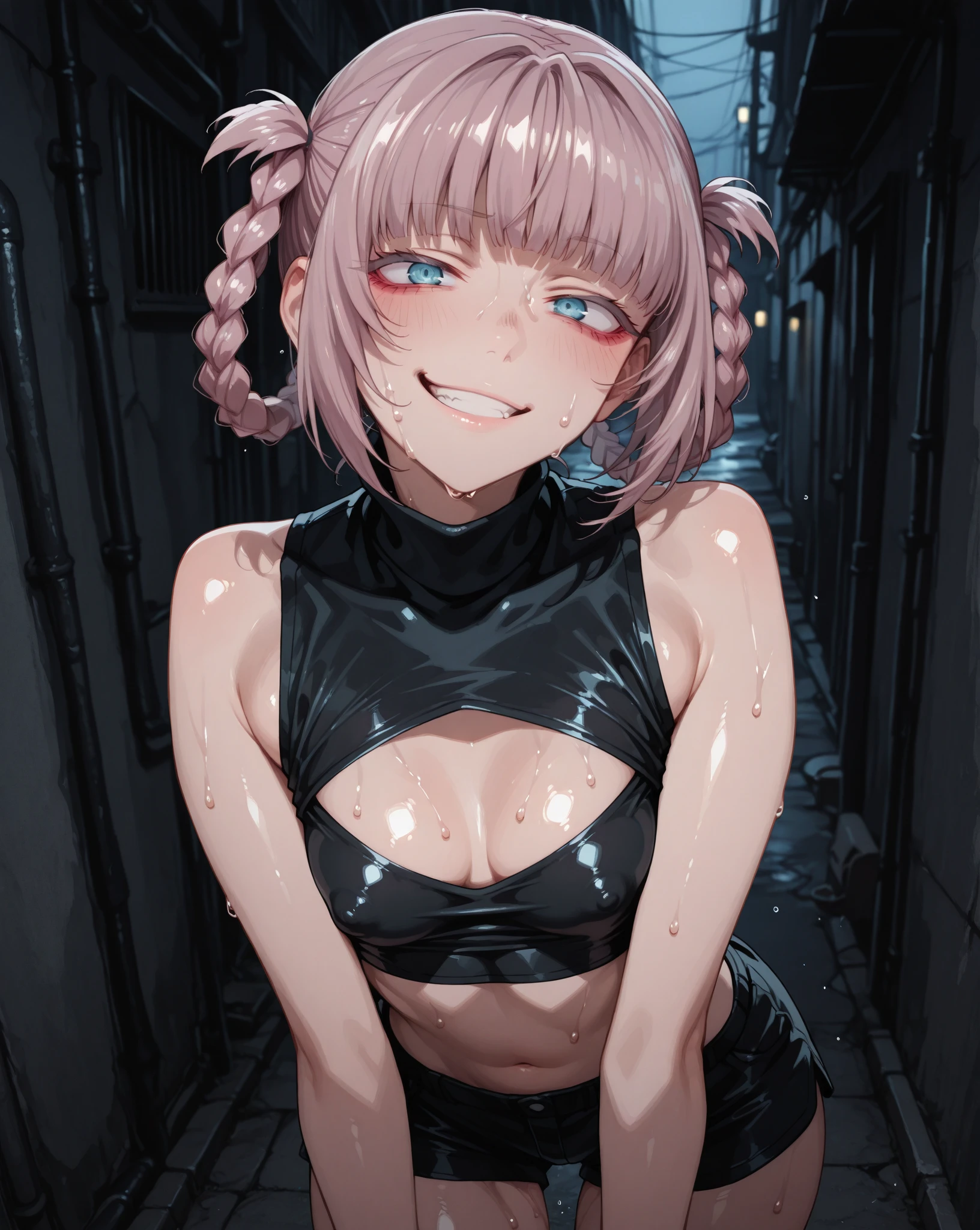 masterpiece, ultra quality, 4K, Extremely delicate and beautiful girl,Extremely delicate and beautiful, world masterpiece theater, Extremely detailed, Very detailed, best quality, High resolution, Very detailed,intricate details, hyper detailed,photorealistic materials, realistic fabric((skinny)),(li:1.3),tiny, ((black short hair)),(twintail:1.8,blunt bangs:1.4,hair over eyes:1.5),petite_body,(middle breasts),(sweat:1.6,heavy breathing:1.7),((bikni:1.7)),details beautiful breasts,details tongue,(standing:1.7),(),(from adobe:2),(saliva trail:1.4,empty eyes:1.9),toilet,  Dough, canvas, painting, realistic, realist ,real,