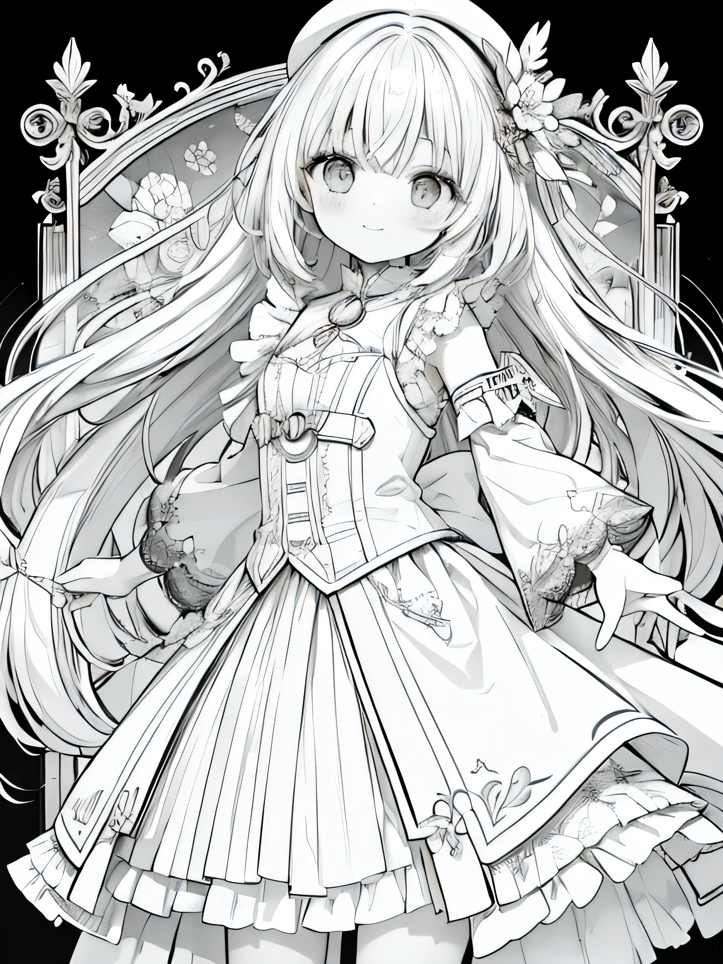 Create a coloring page with a white Hintergrund . The outlines should be thick and easy to color.,line art background, Hintergrund, monochrome, Linie Kunst, ((Skizze)),highest quality,Meisterwerk,monochrome,lineart,Einzelfarbe,Create a detailed coloring page,girl、big eyes、Patchwork-Stil、 ruffles、Band、lovely、comfortable clothing、Stiefel,Perlen、hanging、Armband、Laute、fLaute、Magic tools, Humor、 happy、Freude、freigeistig、gesellig,smile, nur linear, line art, lange haare