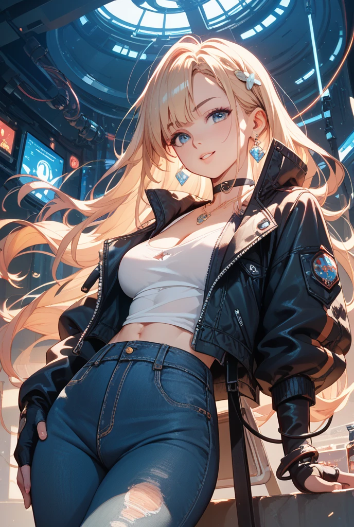 最high quality、best image quality、masterpiece、girl((20-year-old、 By becoming、vest bust、medium bust,wide open breast tea、shining eyes, blonde、long hair、thin,highest valley、ponytail、Damaged Denim Shorts、black navel shirt、Damaged Denim Jacket、smile、full body tattoo,diamond earrings、Wristband、necklace,bubble gum、sit on a chair、leaning forward)),high quality、beautiful art、background((Hacker Room、underground、neon lighting))、Flight、debris flies、Depth of written boundary、movie、visual art、perfect art、8k,genuine、