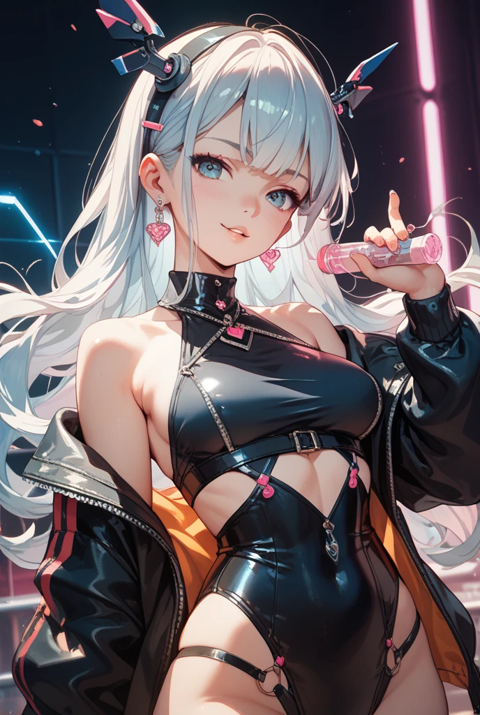 1 girl, Chinese_clothing, metallic black titanium and pink, cyberhan, cheongsam, cyberpunk city, dynamic poses, Detailed luminous headphones, Luminous hair accessories, long hair, Luminous earrings, glow necklace, cyberpunk, Hi-Tech City, full of mechanical and futuristic elements, futuristic, technology, glowing neon lights, pink, pink light, sexy skirt, translucent black cape, laser light, Digital background city sky, big moon, There is a vehicle, best quality, masterpiece, 8k, Character edge light, Ultra high detail, high quality, The most beautiful woman in mankind, Smile, Face forward and symmetrical, earring, Long antenna glows, beautiful student, Lighting effects, visual data, Silver red orange hair dye, ultra detailed facial texture, happy, Weapons systems, Crowded pedestrians on the street, Silver three-point mecha style, Head-mounted light-emitting antenna, syringes,Long white hair,f cup