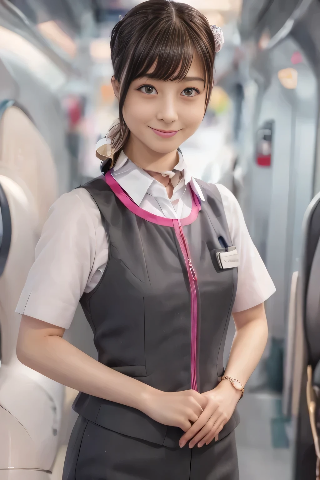 (masterpiece:1.2, Highest Quality:1.2), 32kHDR, high resolution, (alone、one girl)、( station platform waiting for streetcars、Professional Writing)、Empty station platform waiting for streetcars background 、( Realistic style of JR GranClass Attendant Uniform)、Short sleeve blouse、Wrapping scarf around neck、( JR Gran Class flight attendant uniform with pink decorations on the sleeves )、( What is the JR Gran Class flight attendant uniform、there is a pink line on the front zipper of the vest.)、Dark Brown Hair、(Long hair bundled hair、 hair like dots)、Dark Brown Hair、 long hit 、Big Breasts、(( amazing hand :2.0)),((A harmonious body shape:1.5)),((normal limbs:2.0)),((Don't make the:2.0)),((clock:2.0)),((Normal eyes:2.0)))、Big Breasts、 fine necklaces、smile、Beautiful position, Cross your hands