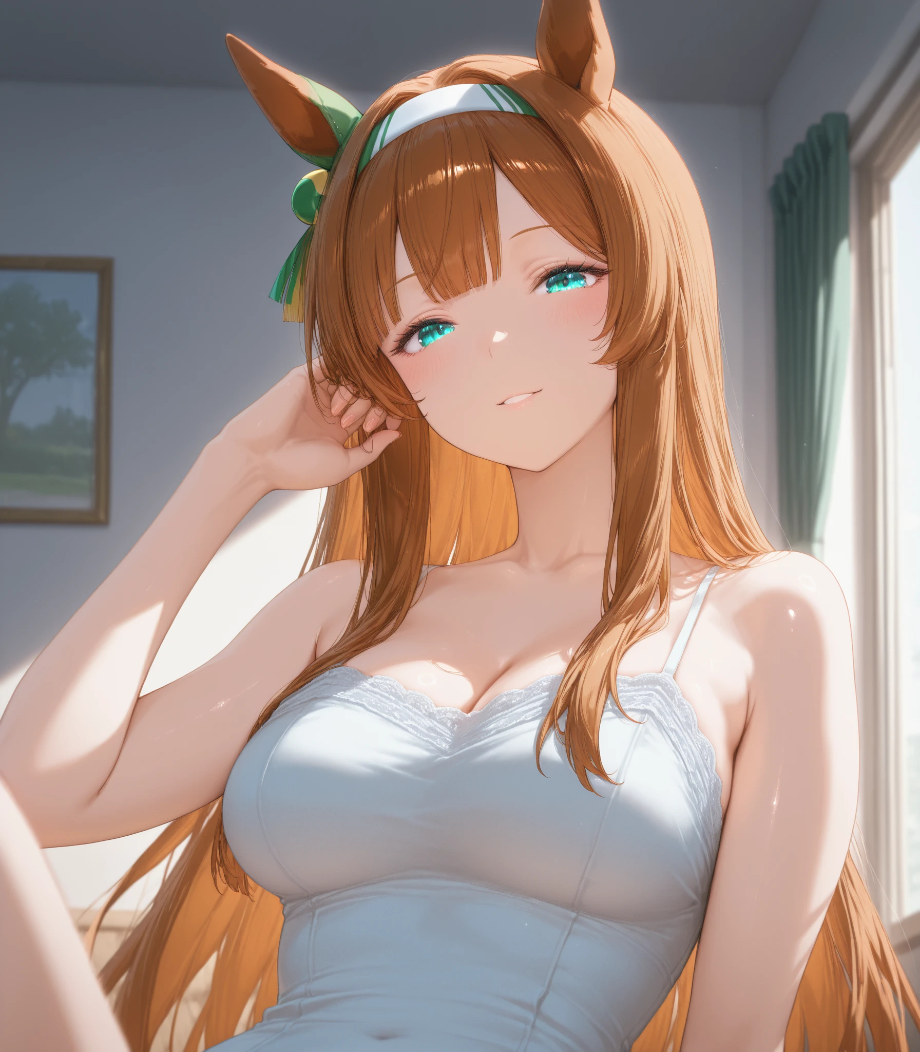 Raphtalia woman 35 years old floating straight orange hair , rounded bear ears, red eyes like ruby., naked, naked breasts, background a bed, embarrassed expression, shame , Open mouth. beads of sweat on his chest.