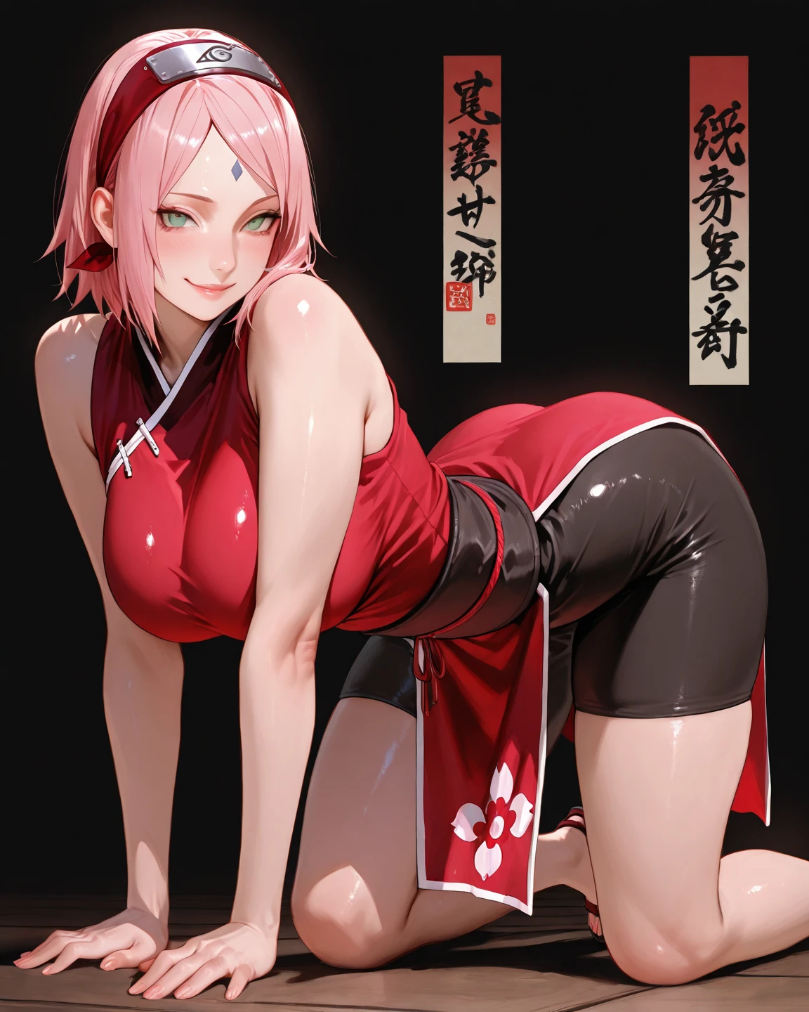 (((sakura haruno))), (((naked))), (((tiptoes))), (((leg writing))), (((crossed legs))), (((exposed breasts))), (((No covering))), (((exposed nipples)))