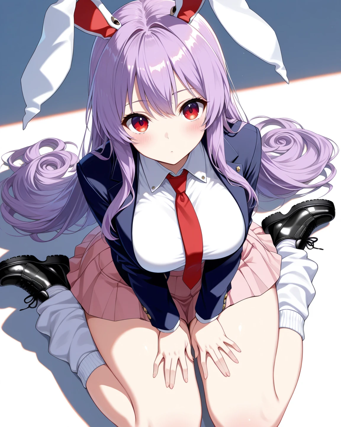1 girl, standing alone, Hanazono Hakari, work of art, best qualityer, 1 girl, hikari, shorth hair, pink  hair, greeneyes, (hair flower: 1.1), hair ornament, (red playboy bunny outfit:1.2) , red sash, red rabbit ears, red heels, black pantyhose, ssmile, blush, blushing nose, gaping mouth, sitting at the table, legs spread open, leaning forward, de casino, lightrays, perfect hands, Perfect Anatomia, head on, looking ahead at viewer, head on, point of view (from low), breasts big, Mid waist, Broad Hips, medium thighs, Round ass,