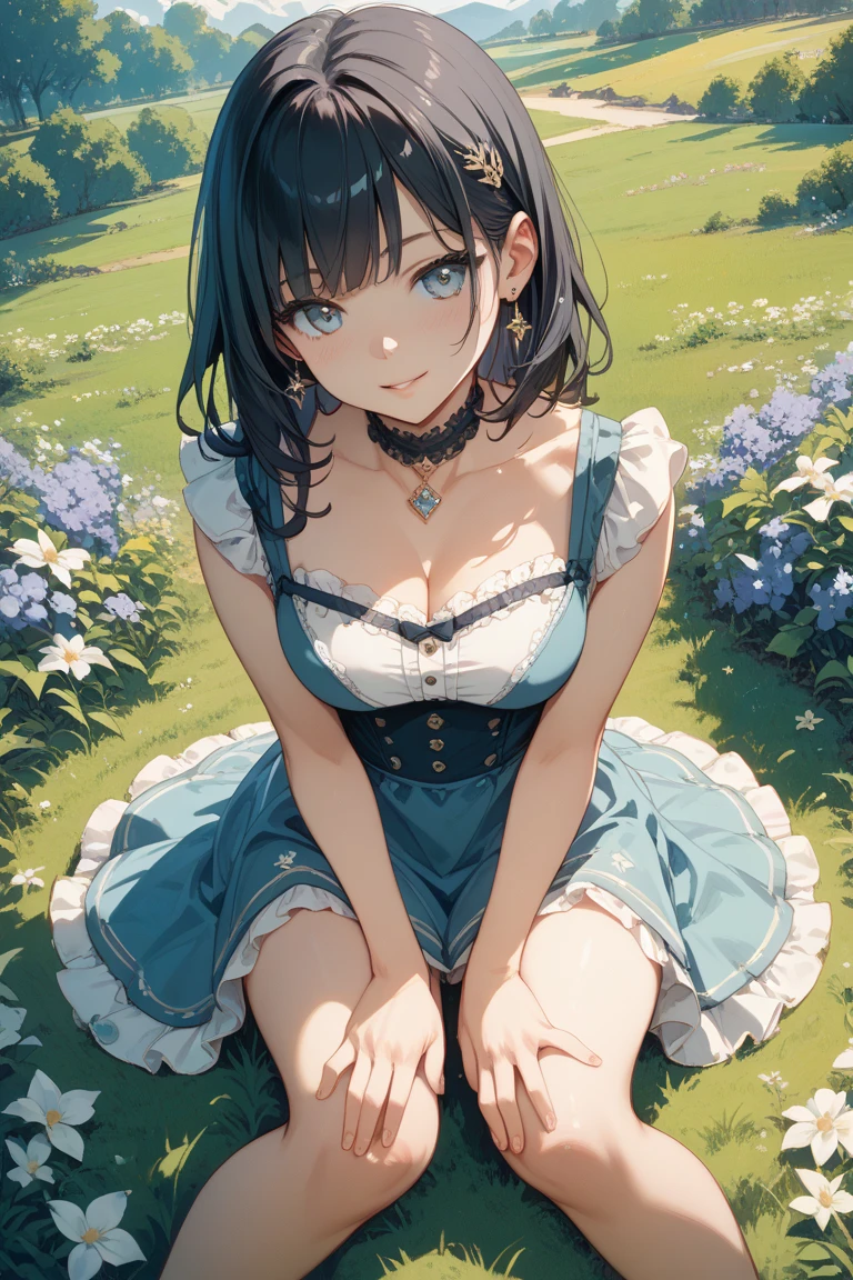 Delicate Composition, hyper detailed, best quality,
blurry foreground,
dynamic view, 1 girl, (seductive smile:0.6), solo, breasts, thighhighs, hair in takes, aichan, from above
beautiful detailed garden, fluttered detailed petal, grow, 