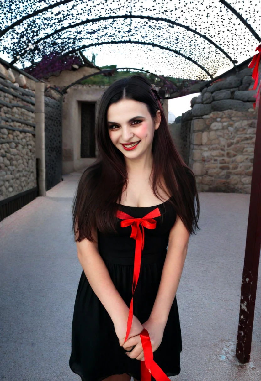Eine geschmeidige, beautiful gothic woman with long black hair (Pony-Haarschnitt), Messingaugen, Sweet smile, wears a dark red elegant dress, leerer, candlelit medieval street background