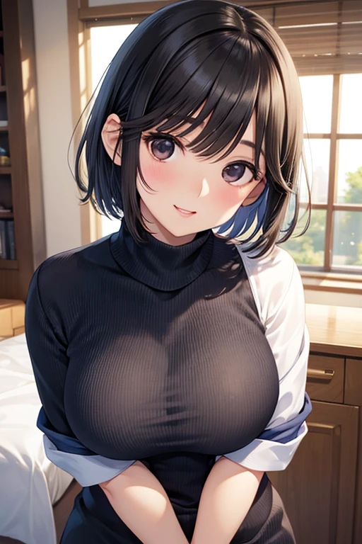 ((Highest quality)), ((masterpiece)), (detailed), One person,Age 25,(Black knit sweater),(mini skirt),Shoulder Bare,Big Breasts,blush,Underbust,(Her cleavage is visible),(Excited expression),(Seduce),night,indoor,What&#39;s left behind,nightのWhat&#39;s left behind,Dim lighting,(In a dimly lit room),(In a messy room),Browsing Caution,sexy,dirty,Sweat,(Black knee-high socks),