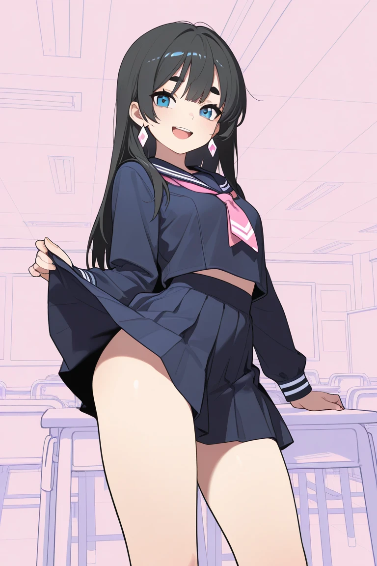 Minya Johnson, Mini Yaemori, Long hair, Bangs, Black hair, Blue hair, (Purple eyes:1.1), multicolored hair, Blunt bangs, striated hair, Ahoge,BREAK shirt, White shirt, Short sleeves, clothes writing,BREAK looking at viewer,BREAK (masutepiece:1.2), Best Quality, High resolution, Unity 8k壁纸, (Illustration:0.8), (Beautiful detailed eyes:1.6), extra detailed face, Perfect Lighting, extremely details CG, (Perfect hands, Perfect Anatomy),Naughty big、Smile with open mouth、cowboy shot、thighs thighs thighs thighs、(Skirt lift:1.3), (white panties:1.3)、(Skirt that rolls up:1.3)、(Fully exposed panties:1.5)、outside of house、plein air、double tooth、Throat and face、