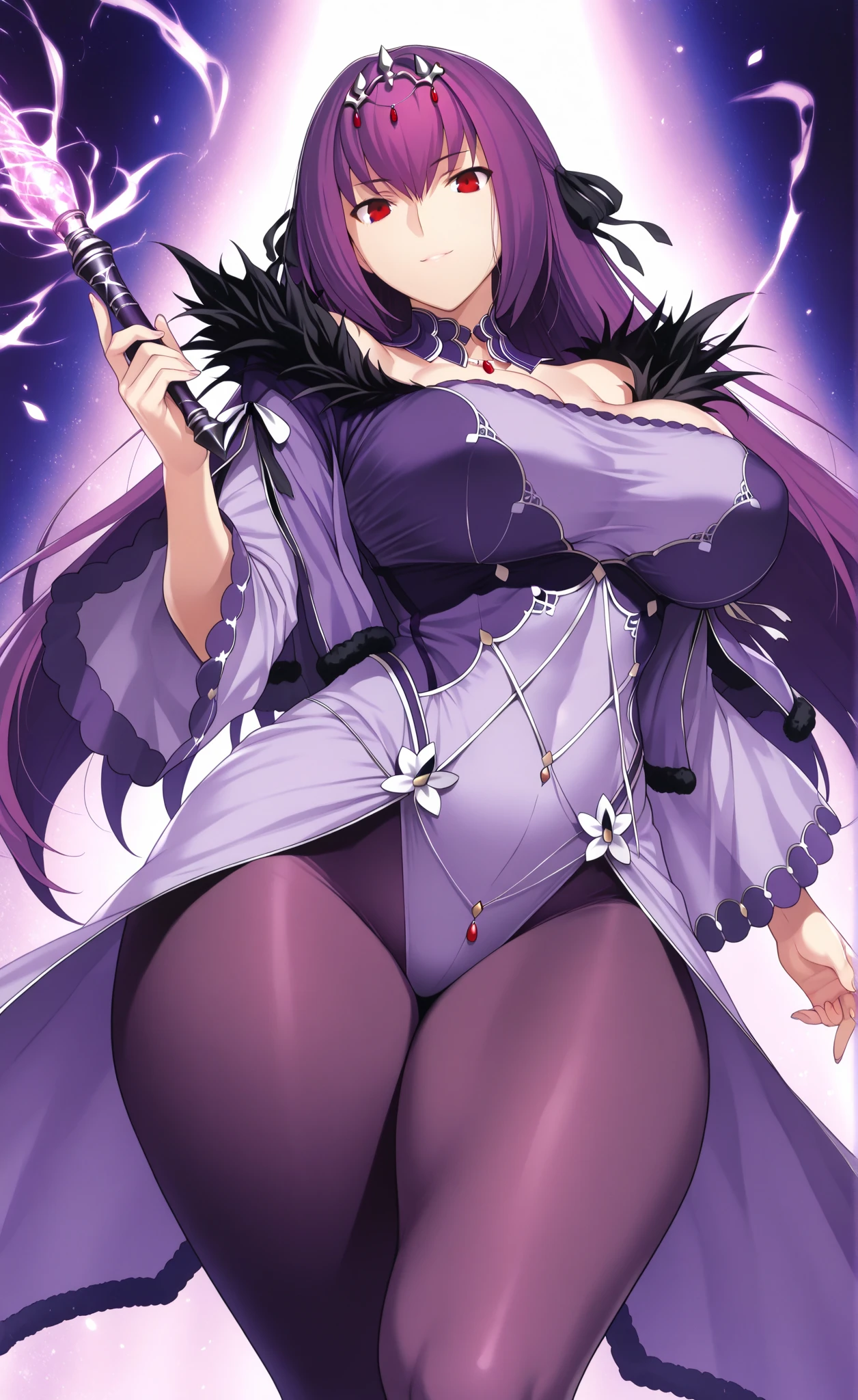 Mulher pregnant com vestido roxo gigante, high qualiy, awardwinning, high resolution, 8K , standing alone, 1woman, from the front, mellow, milf, purple cropped hair, blue colored eyes, long cloak decotado , tall woman, 29-years-old, milf, cuvilinear body, breasts small, huge ass , big-ass, pregnant, cabelo roxo, long cloak, hinterland, dress covers the legs, seducing gaze