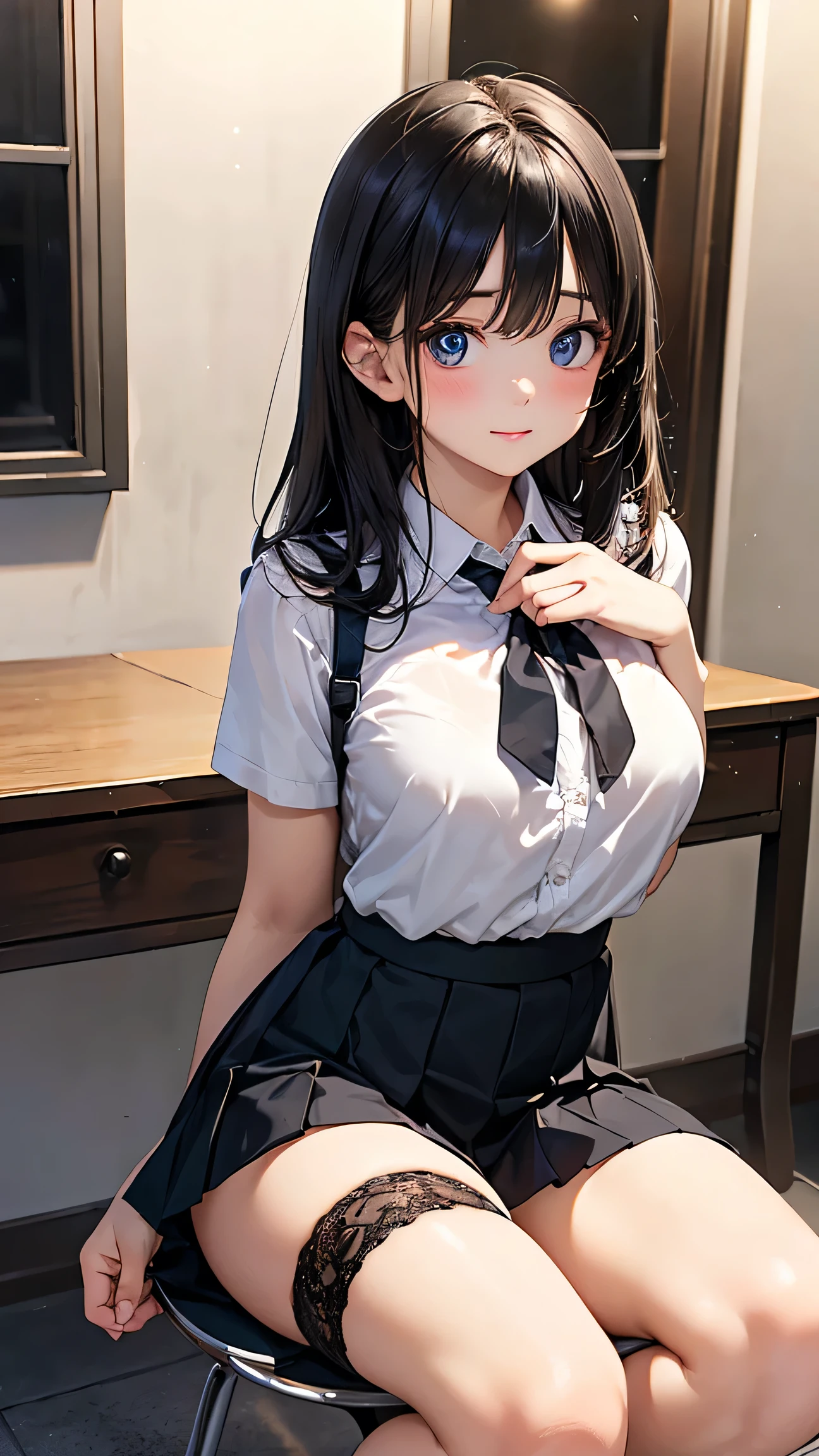 1girl, table humping, crotch rub, white shirt, pencil skirt, office, white panties, skirt lift, lanyard, table, lifting, multiple boys,suggestive fluid,, masterpiece, best quality, highly detailed, (from below:1.1)