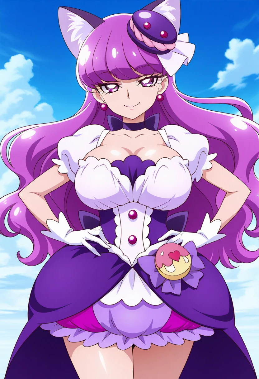ARIES, LONG HAIR, PINK HAIR, HORNS, SHEEP HORNS, (PURPLE EYES:1.1), CLEAVAGE, PANTYHOSE, DRESS, WHITE DRESS, DETACHED SLEEVES, 1girl, solo, upper body, facing viewer, looking at viewer, smile,