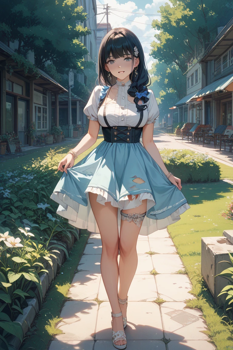 very cute and beautiful girl,blue plaid summer dress with detailed frills,sleeveless,(skirt lift,white panties),(highly detailed beautiful face and eyes:1.2), cowboy shot,smile,black hair,flower crown, (standing by water spring in forest),fog,fantastic stone monument,detailed landscape, (best quality,masterpiece:1.2),(intricate details),extremely detailed,highres,solo, cinematic lighting,dim light,dynamic angle,hair fluttering in the wind,