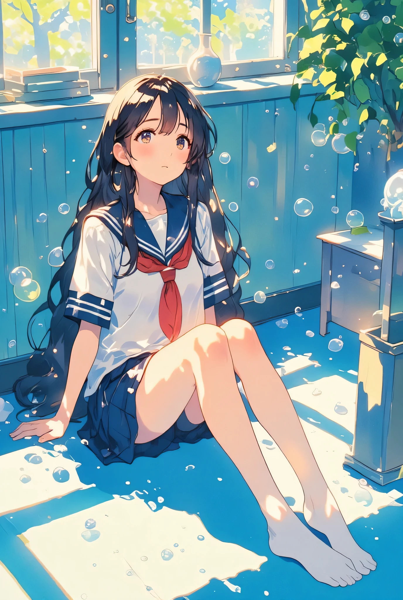 a girl with long dark hair and soft bangs, wearing a white and navy sailor school uniform with a red ribbon, sitting on a sunlit blue floor indoors with her legs folded to one side in a relaxed pose, surrounded by softly glowing soap bubbles catching the sunlight, her expression calm and dreamlike as she gazes gently upward, long shadows cast by window frames fall across the room, the atmosphere filled with quiet magic, illustrated in a picture book style with thick lineart, soft watercolor textures, gentle color bleeding, and a warm paper texture, calm and heartwarming atmosphere, knees-up view