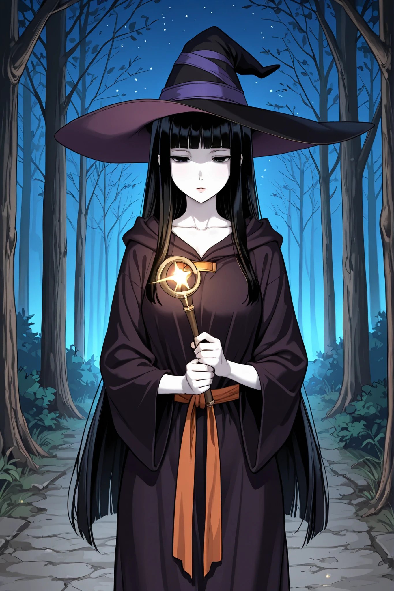 1 girl, beautiful girl,adult,18 years old,black eyes,narrow eyes,black hair, very long hair,blunt bangs,skinny,masterpiece,general,highres, ultra-detailed,very aesthetic,best quality ,best hands,5_fingers,best eyes,perfect anatomy,anime coloring,easynegative,anime style,white skin,whole body,standing,witch hat,sorceress robe,witch,magic wand,night,