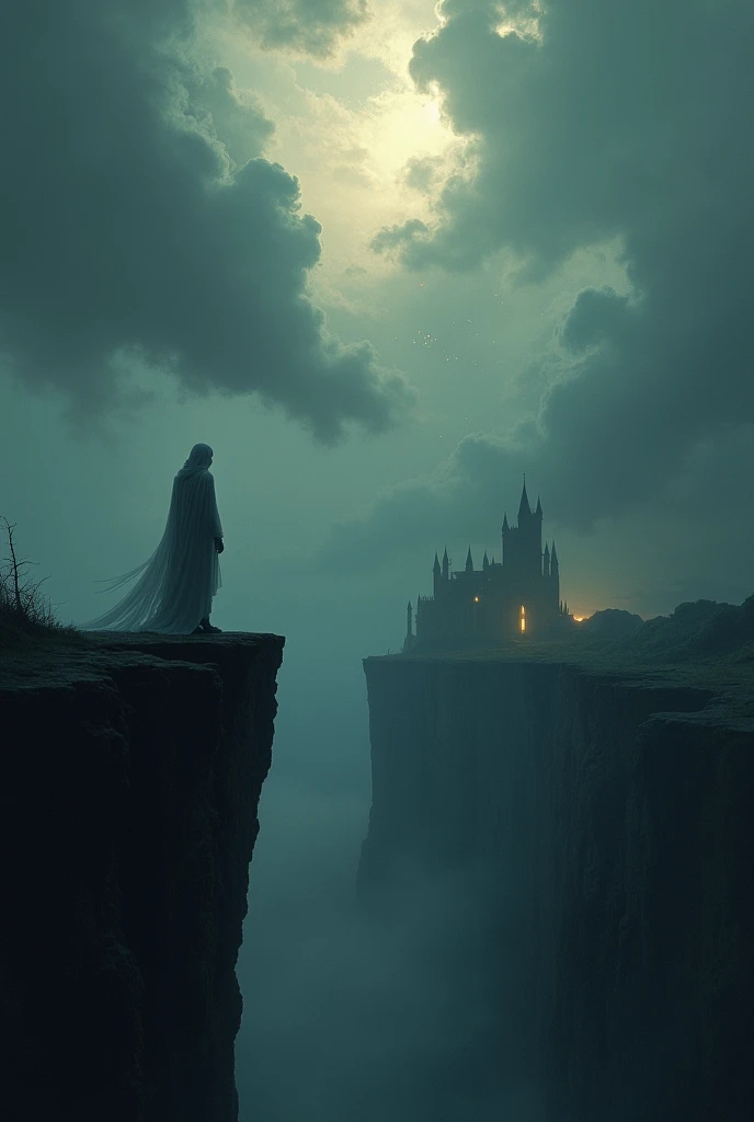 A lonely figure standing on the edge of a vast abyss, gazing into a ...